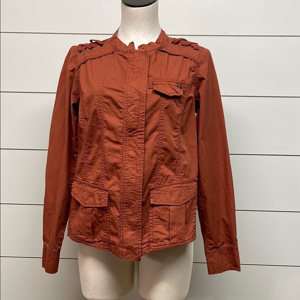 Brown Utility Jacket with Stand-Up Collar and Epaulettes